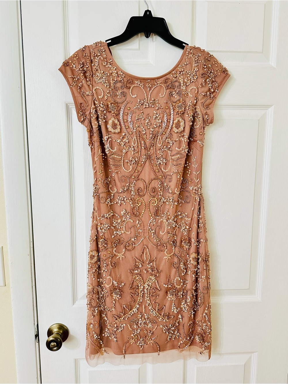 Aiden Mattox Embellished Nude Beaded Cap-Sleeve cocktail/formal Dress - Picture 3 of 6